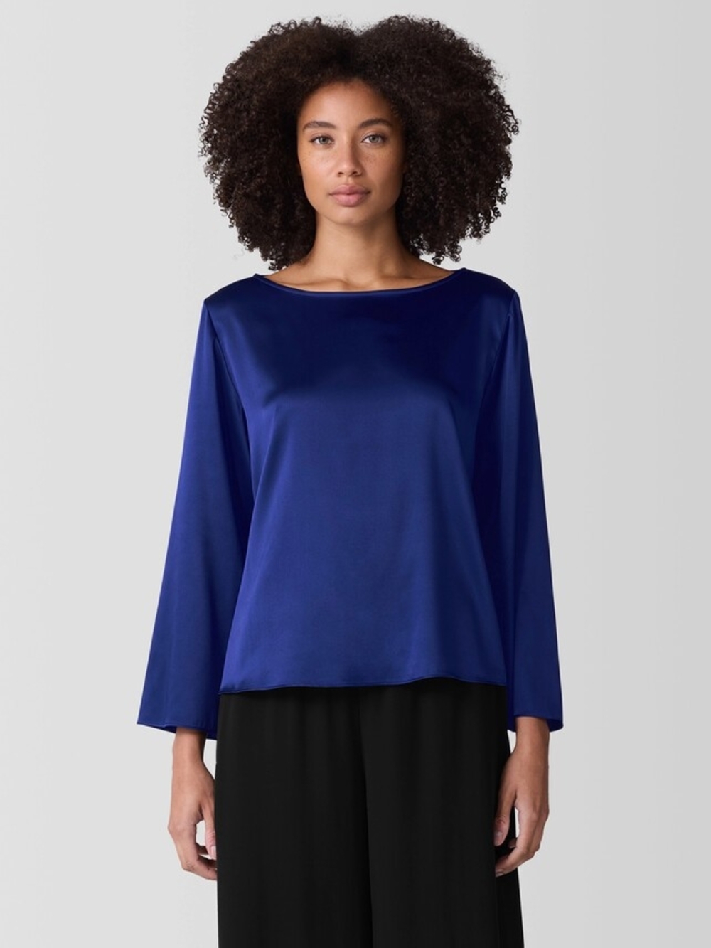 Eileen Fisher Silk Royal Blue  Boatneck Long-Sleeve Top Size XL